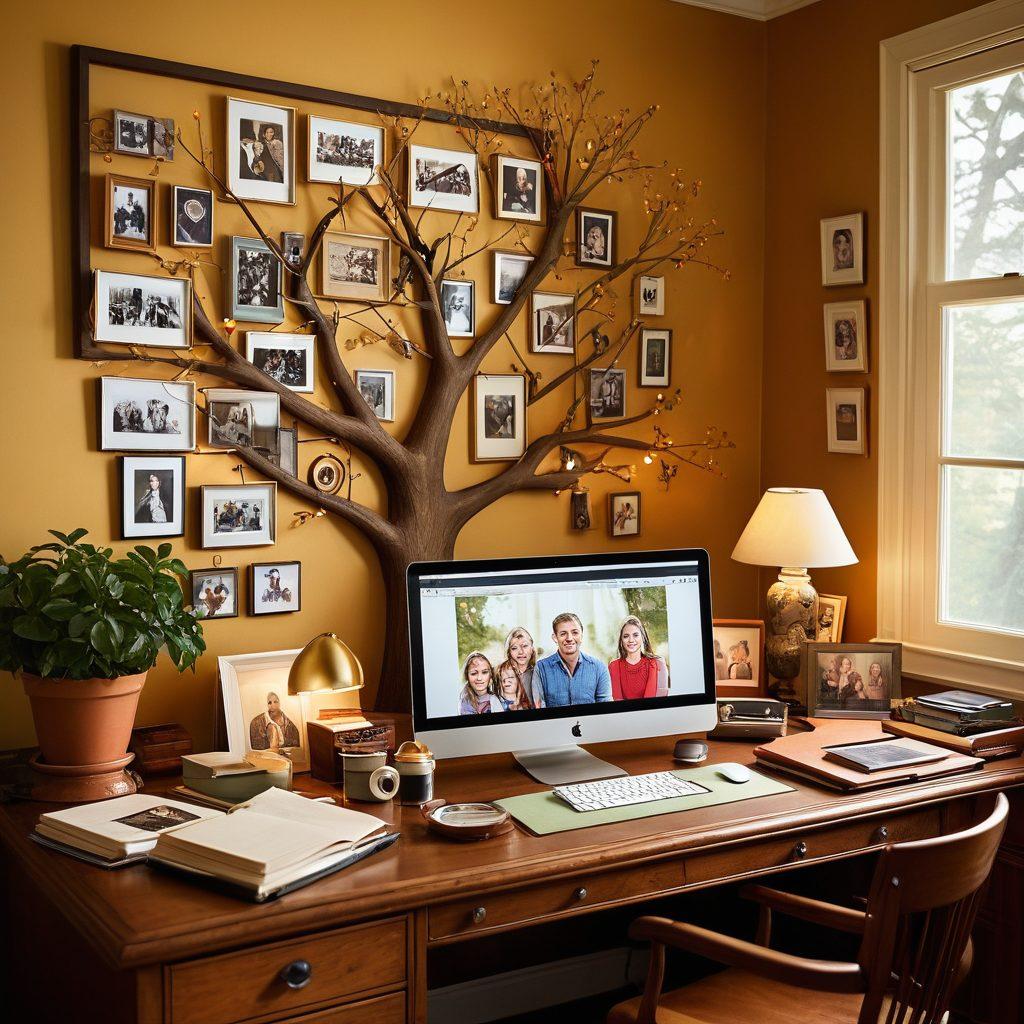 A warm, inviting family scene showcasing a digital archiving setup, with a diverse family gathering around a computer, viewing old photographs on screen. Include digital tools like a scanner and editing software interface visible. Add sentimental elements like a family tree displayed in the background and photo albums scattered around the workspace. Emphasize warmth and nostalgia with soft lighting. super-realistic. vibrant colors. cozy atmosphere.
