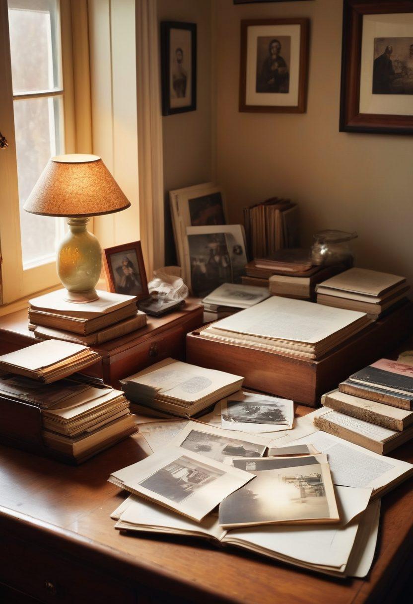 An old-fashioned wooden desk cluttered with vintage photographs, a modern scanner, and colorful photo albums. Soft light filtering through a window casts gentle shadows, creating a warm and nostalgic atmosphere. Include elements like dusty books, a cup of tea, and framed family portraits for a homely touch. super-realistic. warm tones. soft lighting.